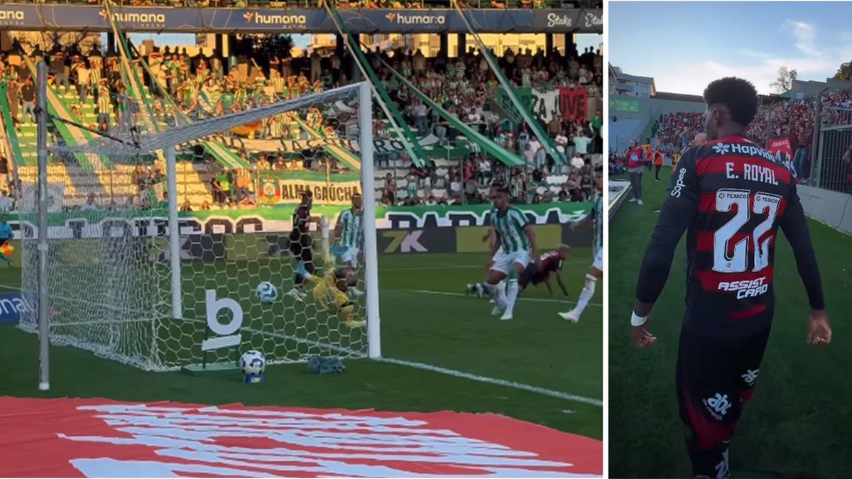 Ataque do Flamengo, Arrascaeta cruza e Emerson Royal de cabeça balança as redes do Juventude (Foto/Montagem Instagram)