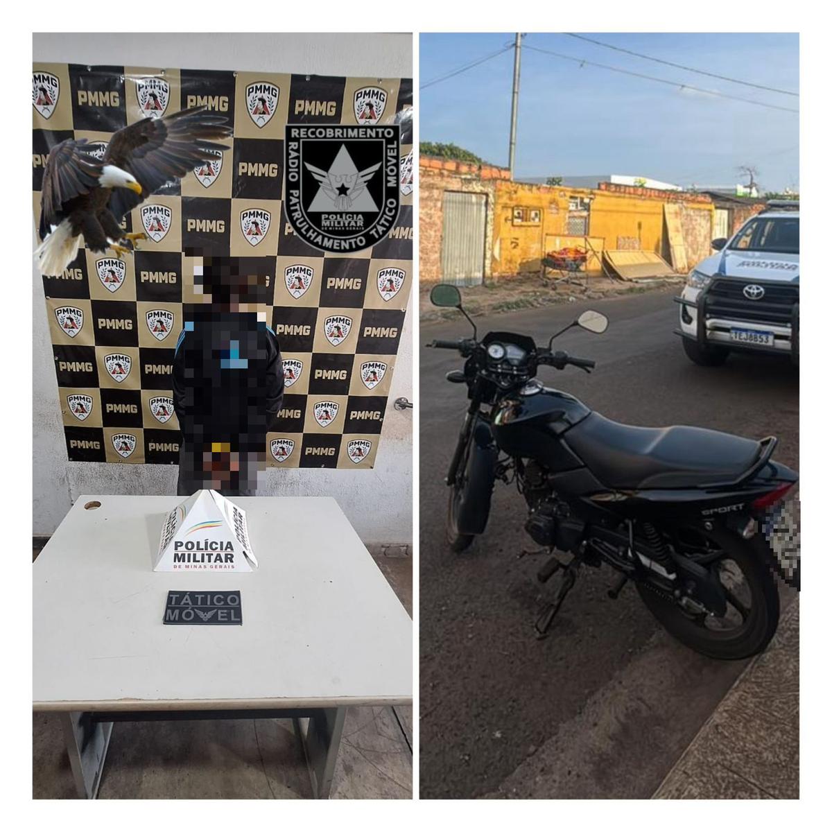 Moto roubada é recuperada e ladrão preso em ação conjunta da PM no domingo (21). (Foto/Divulgação)