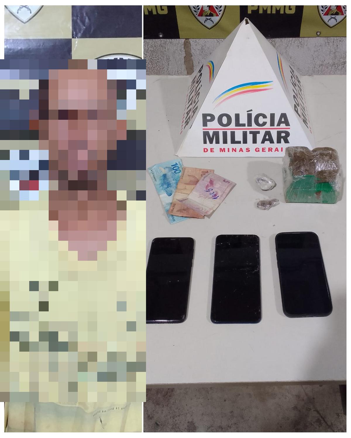 Droga, dinheiro e celulares apreendidos durante ação da Polícia Militar que resultou na prisão de suspeito por tráfico em Uberaba. (Foto/Divulgação/PMMG)