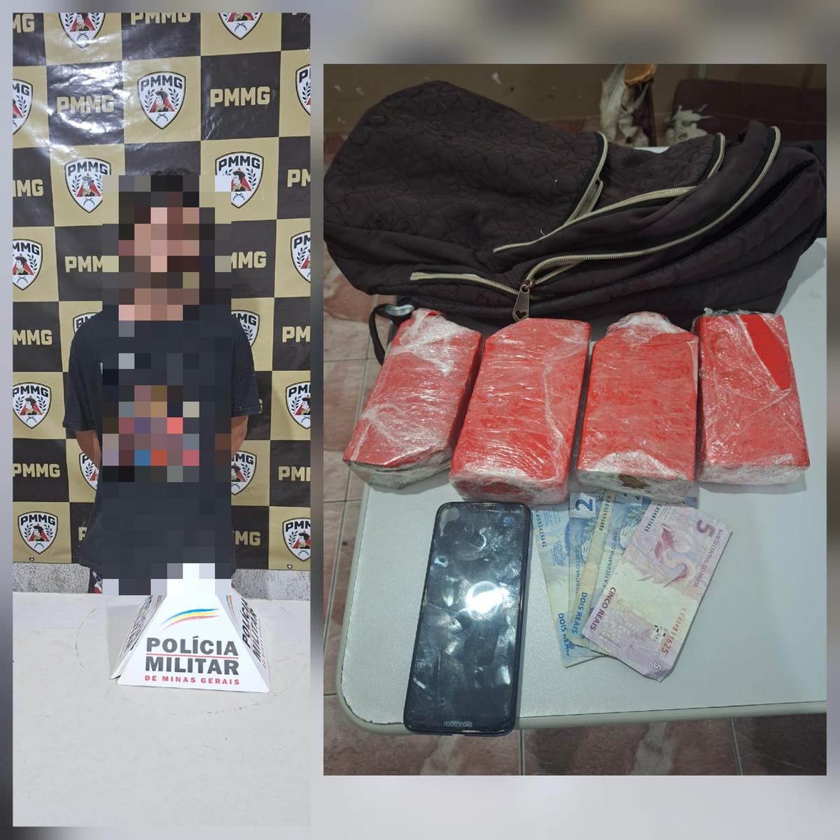 Mochila com quatro tabletes de maconha foi apreendida com o suspeito, preso ao tentar fazer entrega em “boca de fumo” no bairro de Lourdes. (Foto/Divulgação/PMMG)