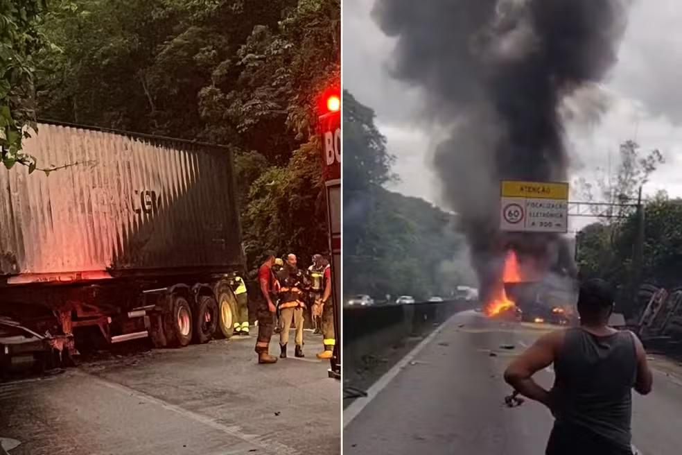 Após sequência de colisões, duas carretas pegaram fogo na Rodovia Anchieta; entre as vítimas está o motorista Luiz Antônio Santos Ferreira, morador de Uberaba (Foto/Divulgação)