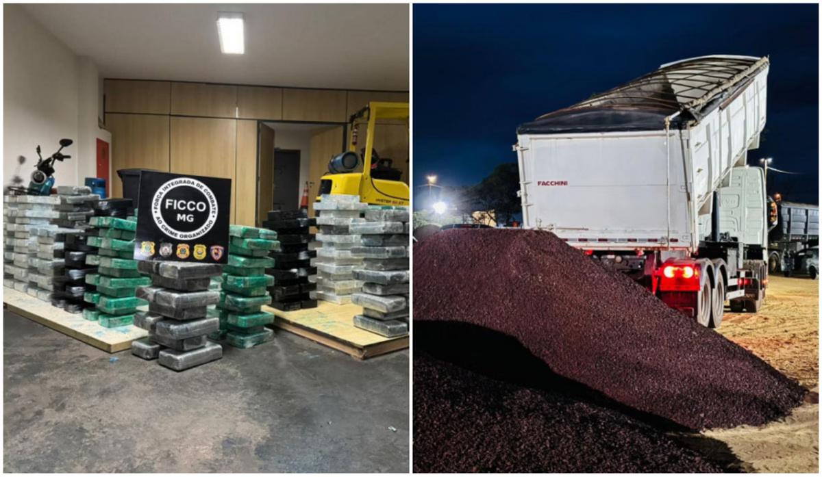 Durante a inspeção, um cão farejador da Polícia Penal identificou a presença de entorpecentes sob a carga de minério (Foto/Divulgação)