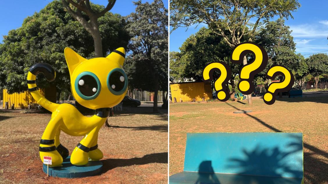 Escultura do Gato Zyon passa por manutenção na Praça Pôr do Sol; retorno está previsto em breve. (Foto/Montagem)