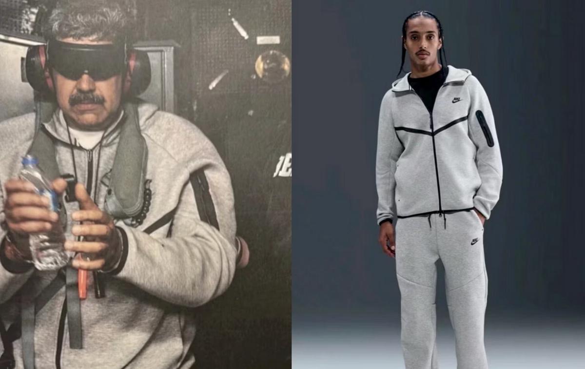 À esquerda, Maduro no momento de sua captura; e, à direita, modelo com o mesmo modelo da Nike vendido por cerca de R$ 1.500 (Foto/Governo dos EUA/Divulgação/Nike)