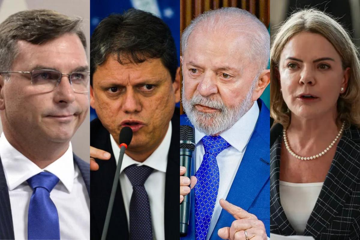 Da esquerda para direita: Flávio Bolsonaro (PL), Tarcísio (Republicanos), Lula (PT) e Gleisi (PT) (Foto/Senado/Agência Brasil/ Presidência)