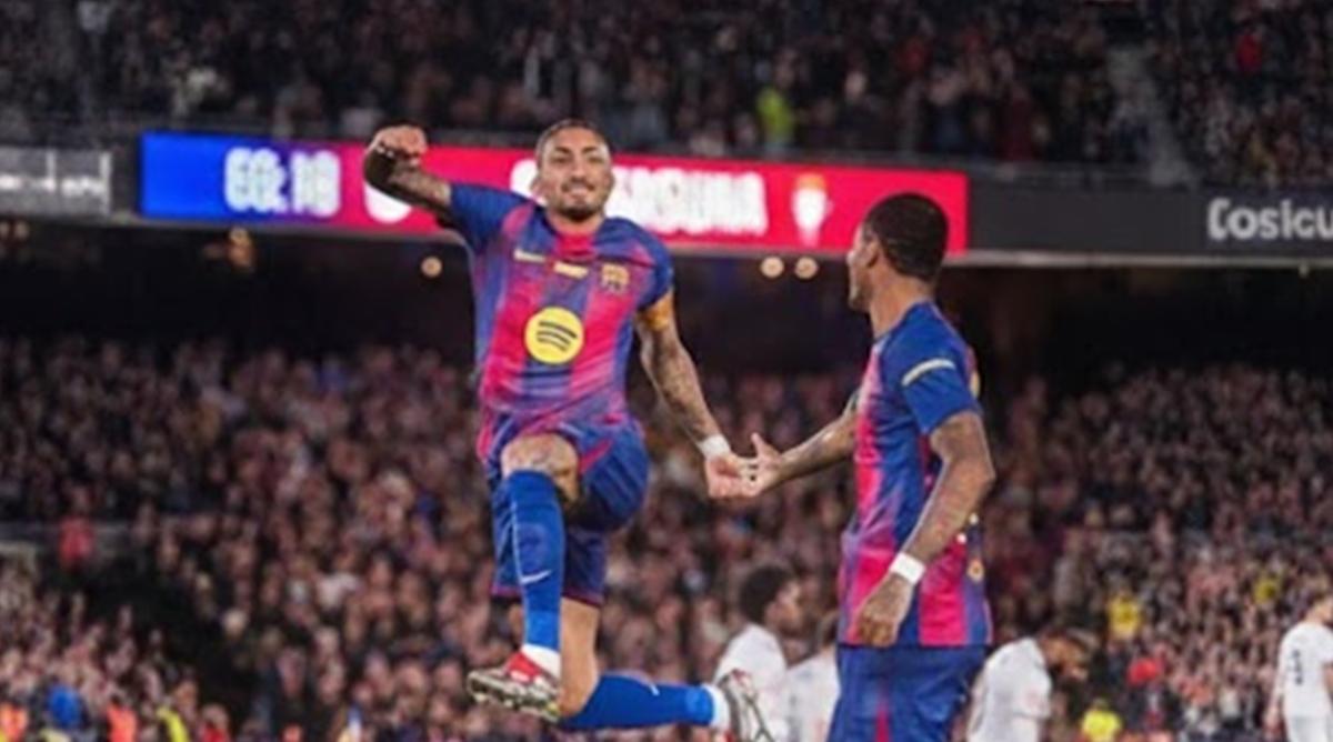 Raphinha marcou dois gols, deu uma assistência e comandou a goleada do Barcelona (Foto/Instagram do Atleta)