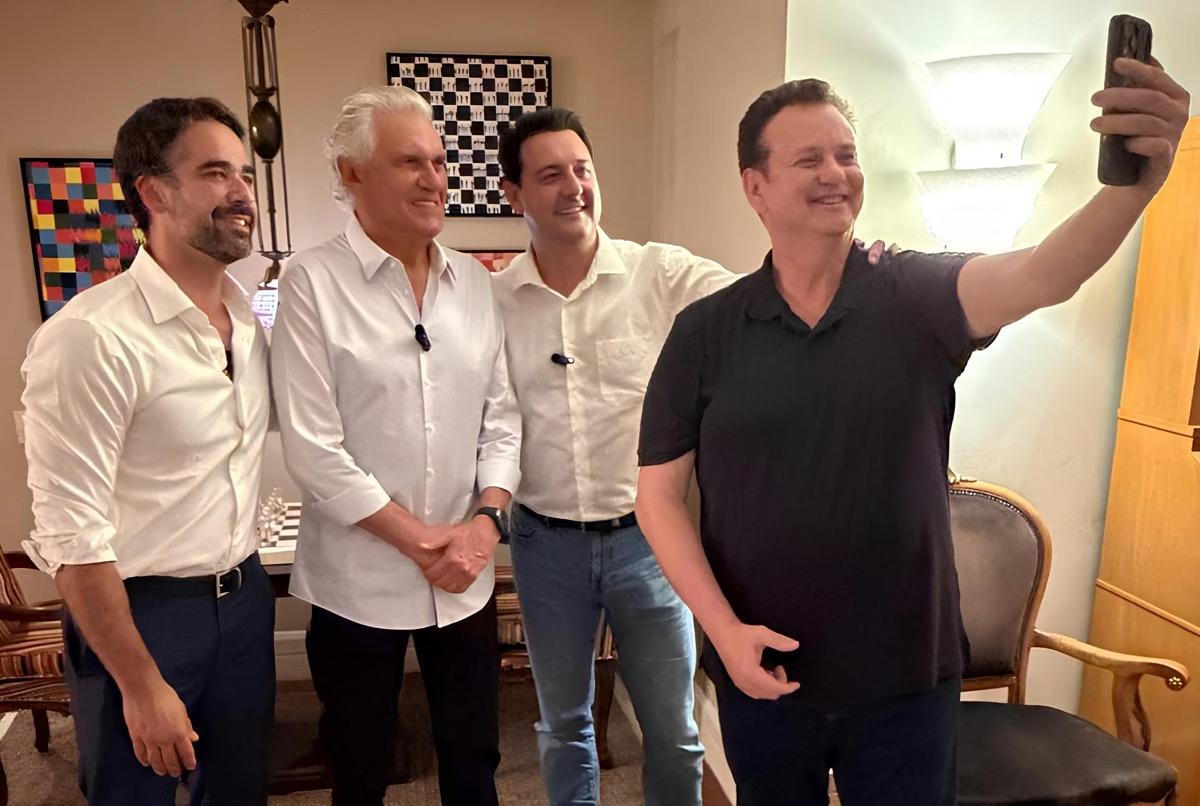 Ronaldo Caiado gravou um vídeo ao lado dos governadores Eduardo Leite e Ratinho Jr. na presença de Gilberto Kassab, presidente do PSD (Foto/Reprodução do X/@gilbertokassab)