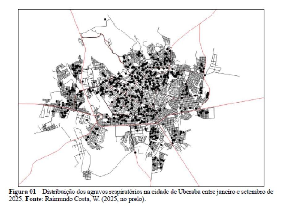 Distribuição dos locais com ocorrências de problemas respiratórios na cidade entre janeiro e setembro do ano passado (Foto/Reprodução)