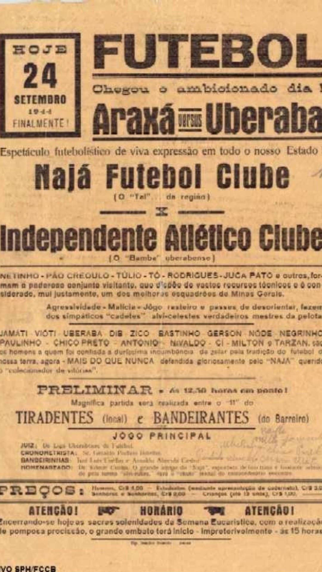 Cartaz de 24 de setembro de 1944 anunciava três jogos em Uberaba — tempos em que o rádio chamava, o megafone ecoava pelas ruas e o futebol reunia multidões. (Foto/Arquivo)