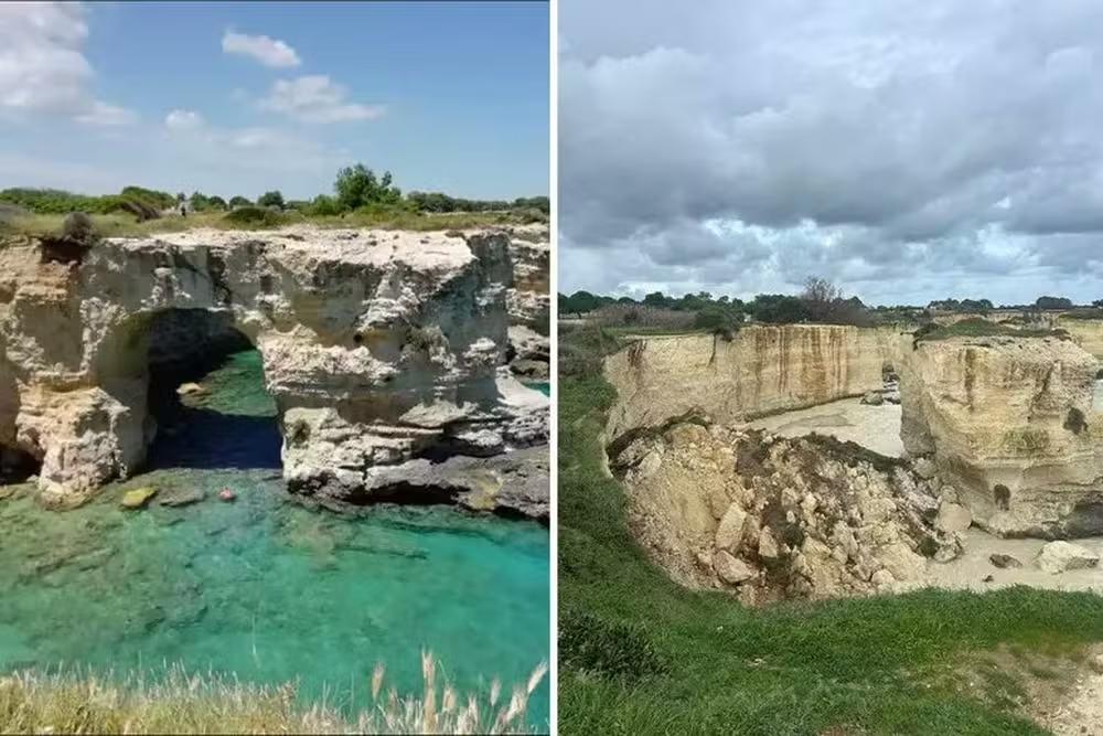 Montagem mostra Arco Sant'Andrea, na Itália, conhecido como Arco do Amor, antes e depois do desabamento (Foto/Reprodução/Redes sociais)