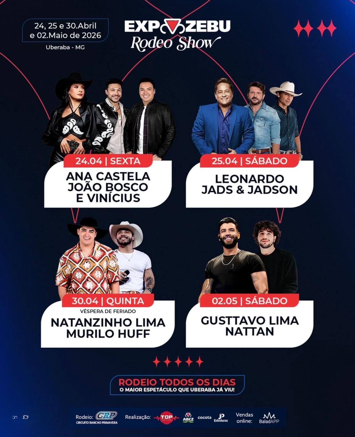 Expozebu Rodeo Shows 2026 promete ser um sucesso. A grade de shows está bem eclética e recheada de estrelas, agradando a todos os gostos (Foto/Reprodução)