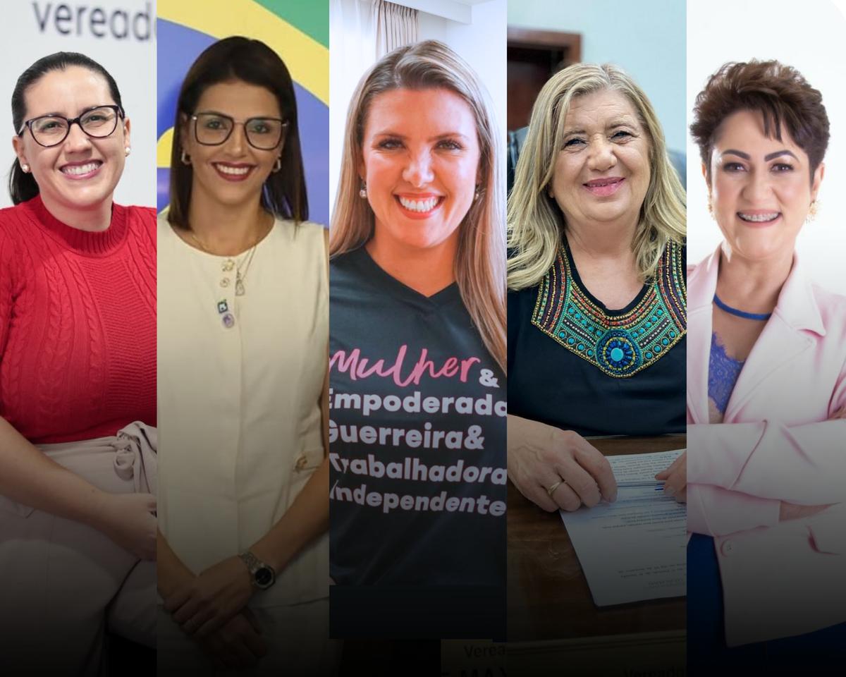 Mulheres que fazem história na política de Uberaba: a prefeita Elisa Araújo e as vereadoras Rochelle Gutierrez, Ellen Miziara, Denise Max e Luciene Fachinelli representam o avanço da presença feminina nos espaços de poder no município. (Foto/Montagem)