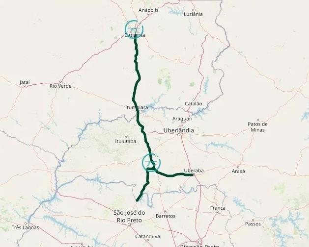 Traçado da Rota Sertaneja que compreende as BRs 262 e 153, com 530,6 quilômetros entre Minas e Goiás, até Goiânia (Foto/Divulgação)