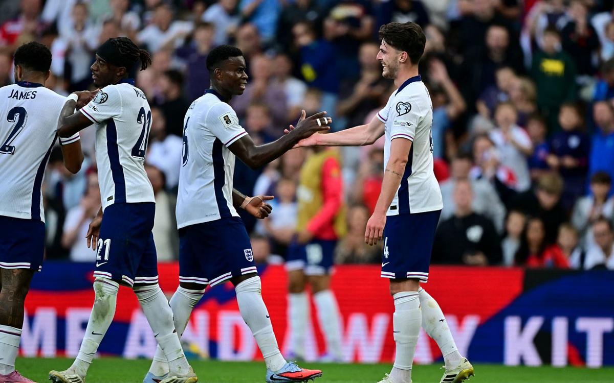 Declan Rice comemora gol da Inglaterra sobre Andorra, pelas Eliminatórias (Foto/Ben Stansall/AFP)