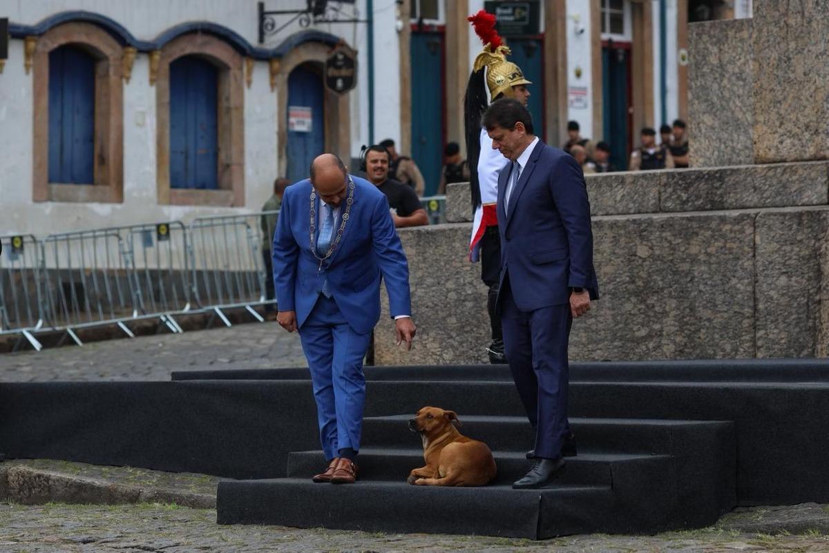 Mateus Simões (PSD) e Tarcísio de Freitas (Republicanos) dividem espaço com um cachorro caramelo durante solenidade em Ouro Preto (Foto/Flávio Tavares)