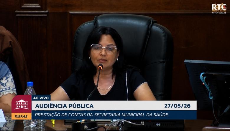 Secretária Municipal de Saúde, Valdilene Rocha, durante a audiência pública de prestação de conta do primeiro quadrimestre do ano (Foto/ Reprodução)