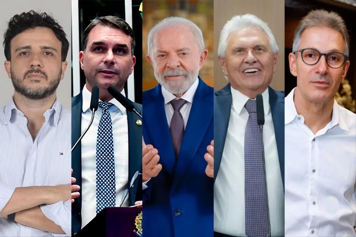 Da esquerda para direita: Renan Santos (Missão), Flávio Bolsonaro (PL), Luiz Inácio Lula da Silva (PT), Ronaldo Caiado (PSD) e Romeu Zema (Novo) (Foto/Reprodução)