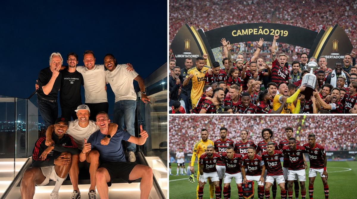 Diego Alves, Rodrigo Caio, Vitinho, Filipe Luís, Diego Ribas e Bruno Henrique com Jorge Jesus (Foto/Montagem)