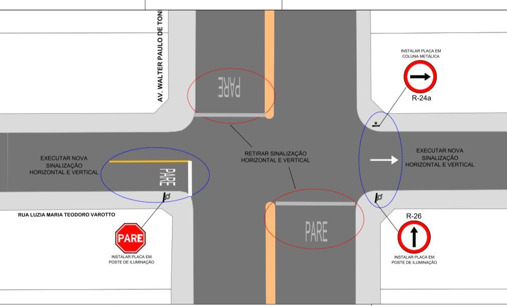 Alteração na sinalização acontece no cruzamento da avenida Walter Paulo Detoni com a rua Luzia Maria Teodoro Varotto (Foto/Divulgação)