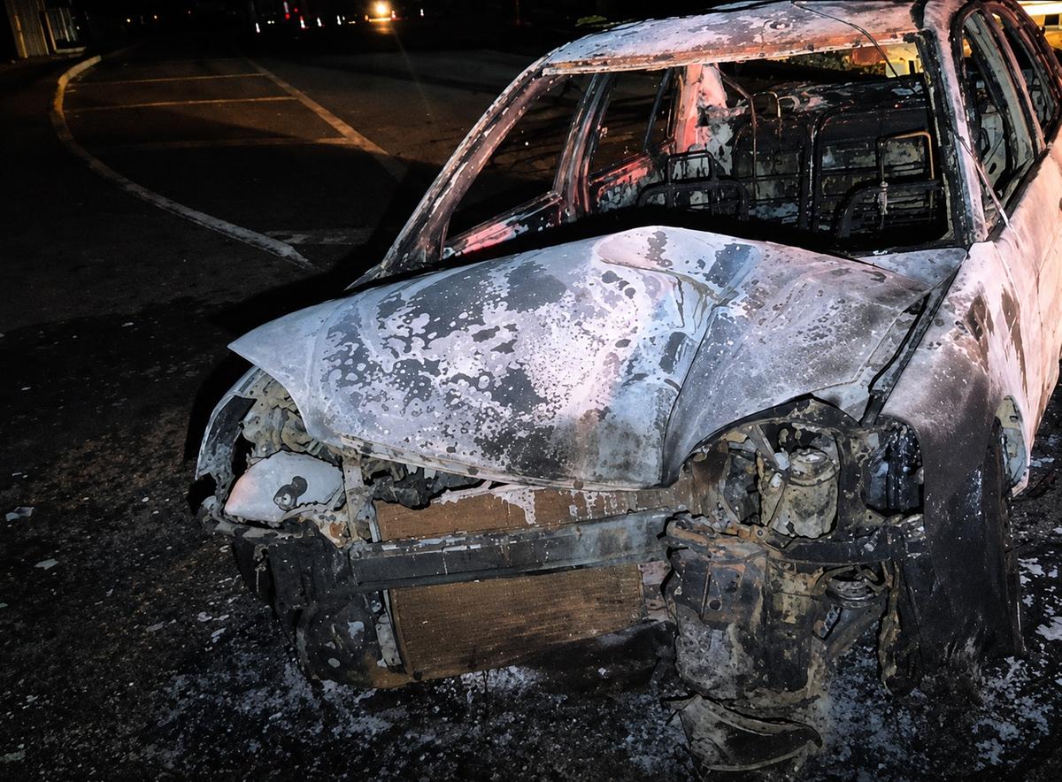 Honda Civic ficou destruído após atingir um poste de iluminação pública e incendiar no Distrito Industrial 2 (Foto/Divulgação)