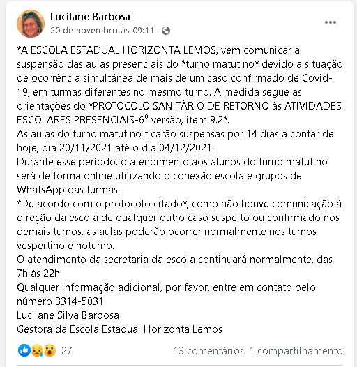 Escola Estadual Horizonta Lemos suspende aulas presenciais após ...